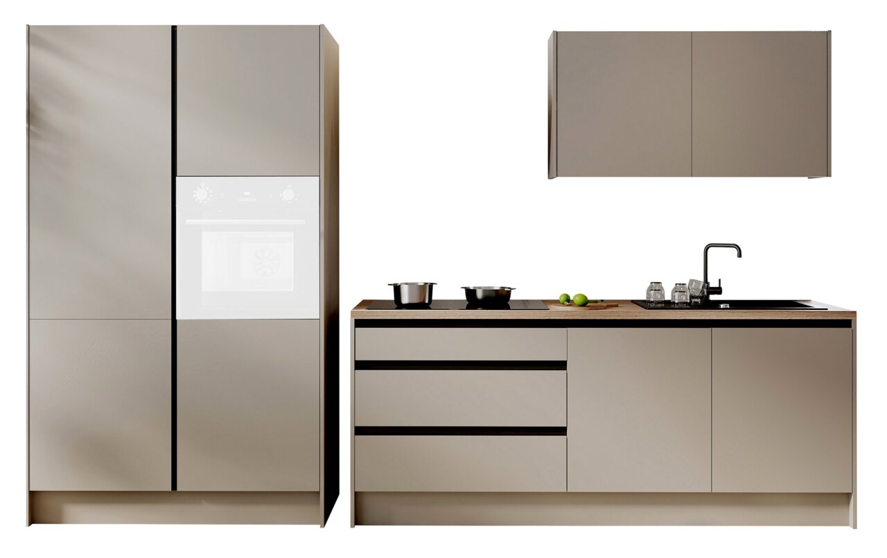 Yourkitchen Keukenblok 335 TROJA Modern keukenblok in minimalistische stijl, bestaande uit een hoge kast met ingebouwde oven, een werkblad met kookplaat en spoelbak, en een hangkast. Vooraanzicht.