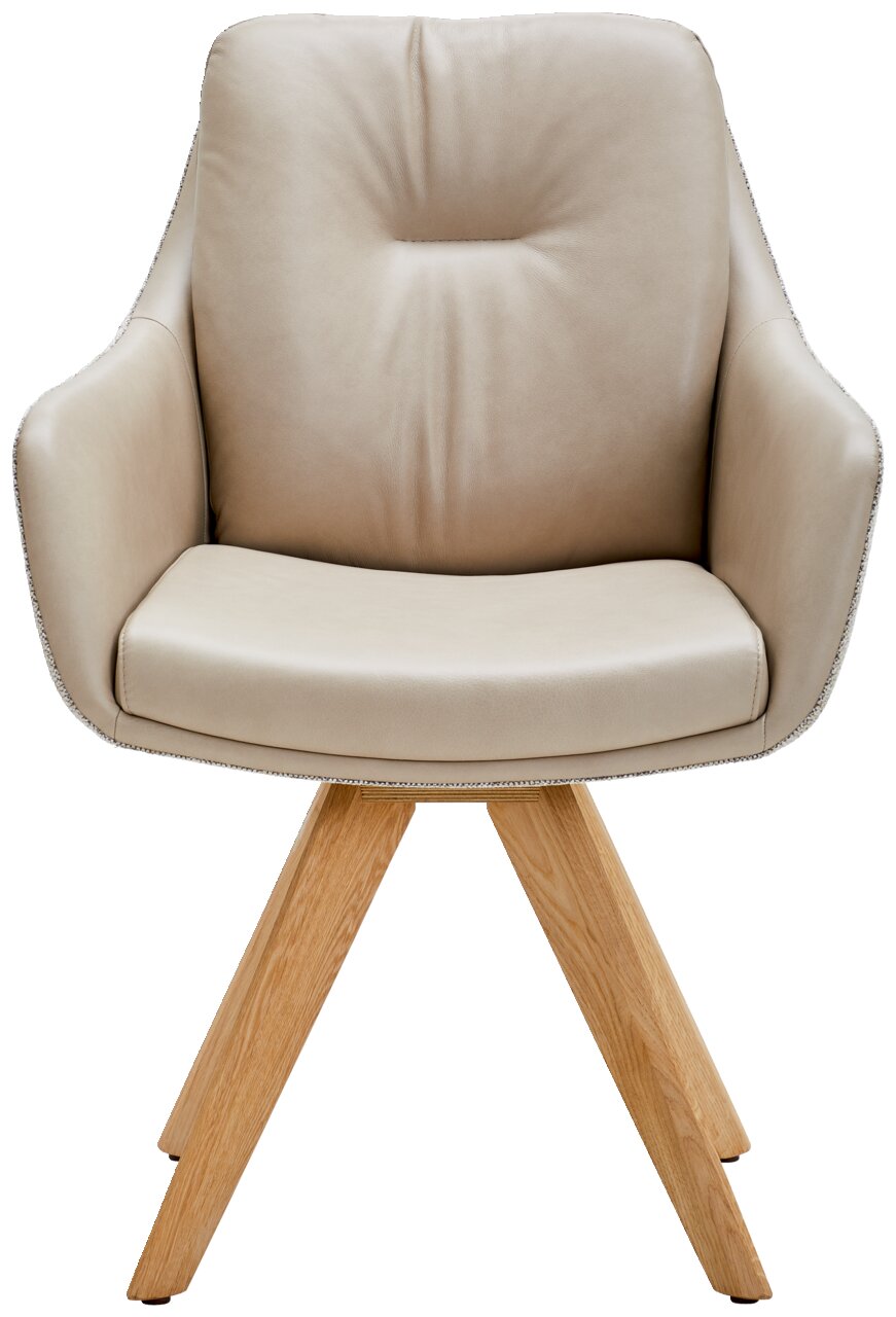 Beiger Armlehnstuhl mit Holzbeinen, Frontalansicht