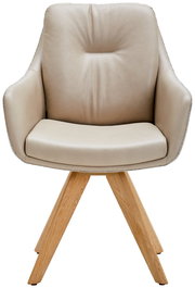 Beiger Armlehnstuhl mit Holzbeinen, Frontalansicht