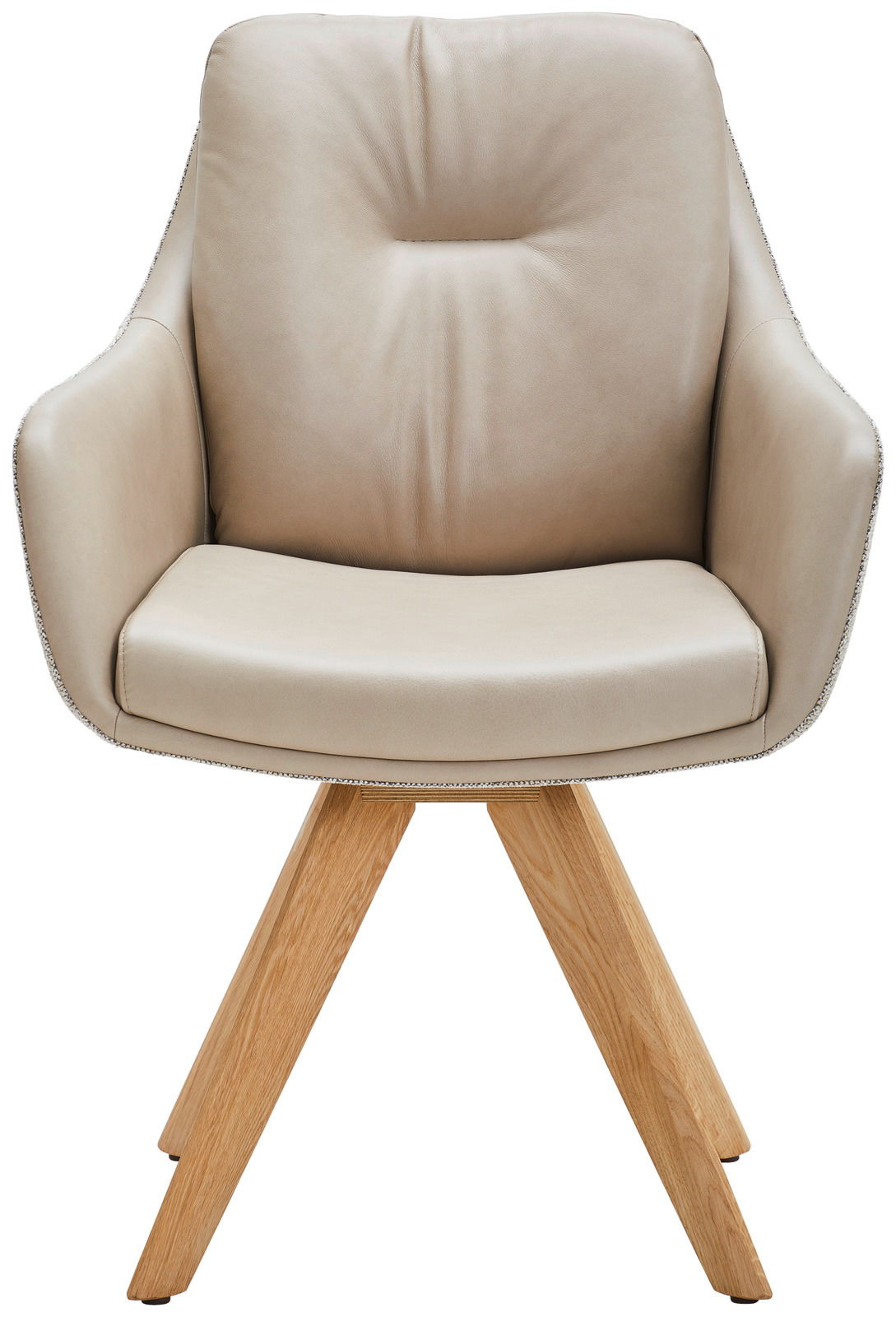 Beiger Armlehnstuhl mit Holzbeinen, Frontalansicht