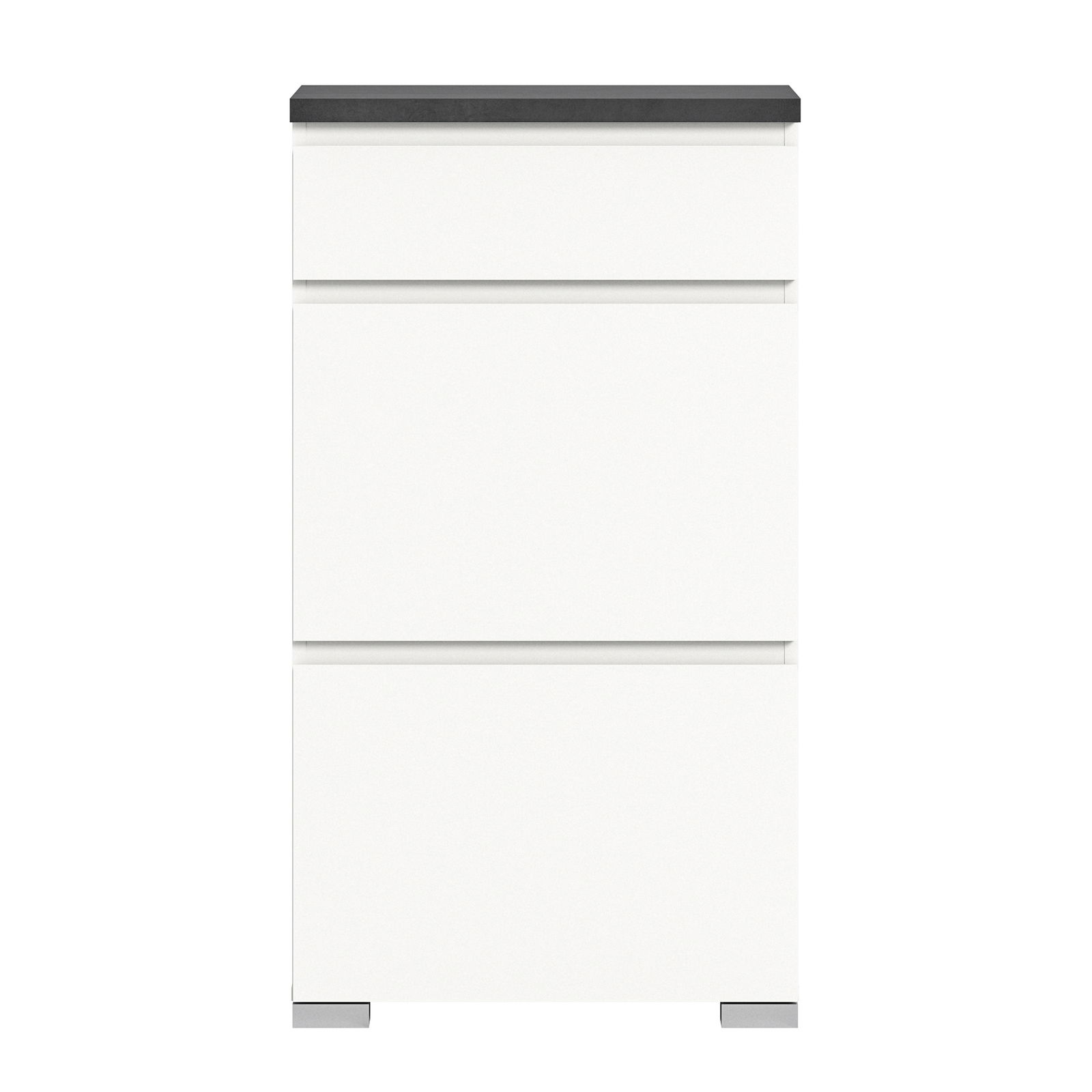 Moderner weißer Schuhschrank mit drei Schubladen, frontal abgebildet.