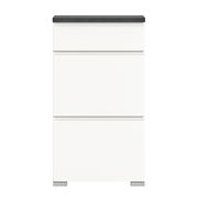 Moderner weißer Schuhschrank mit drei Schubladen, frontal abgebildet.