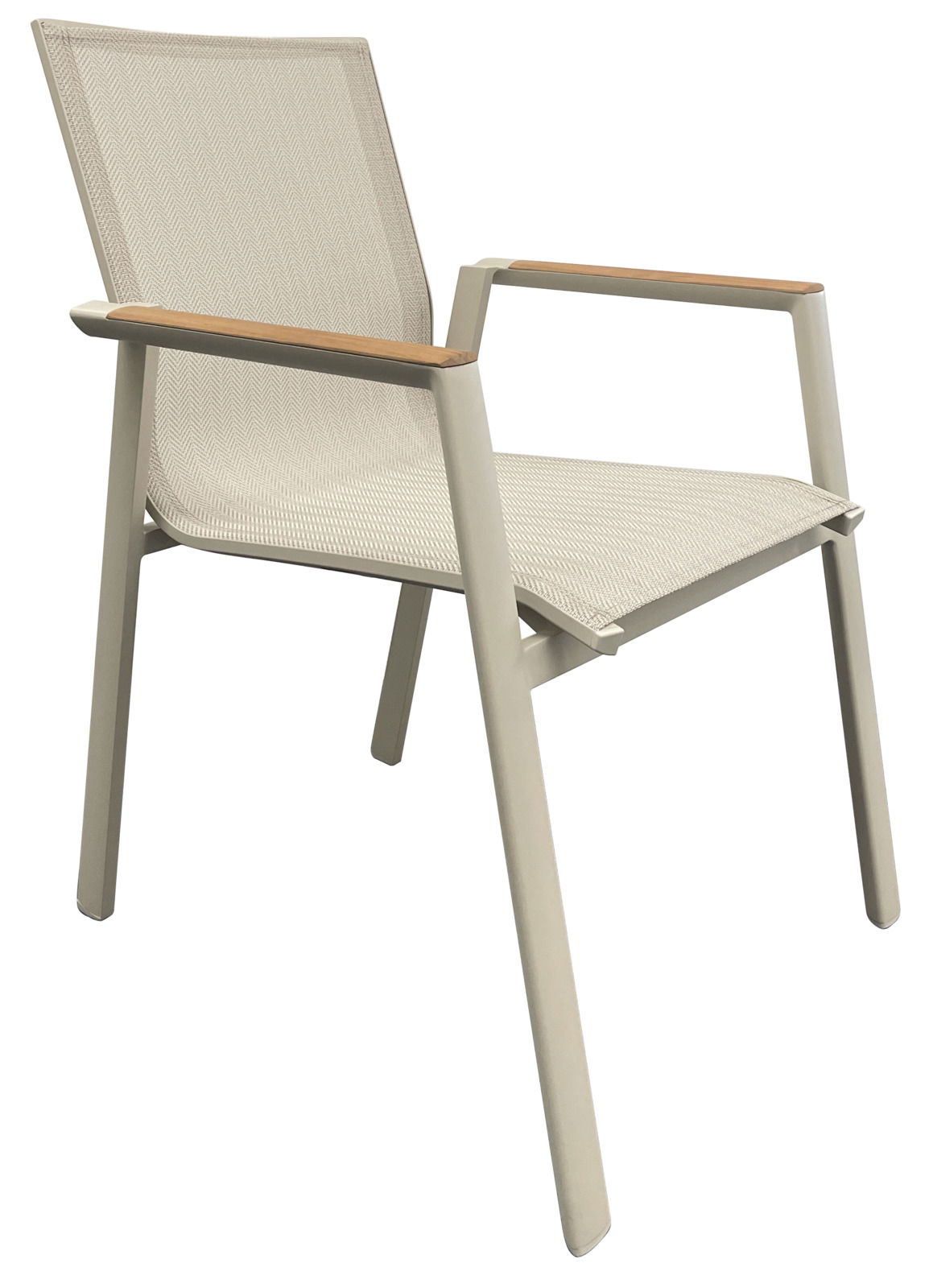 Ambia Garden Stapelstuhl GENET Moderner Stapelstuhl mit Metallrahmen und Armlehnen aus Holz, seitliche Perspektive