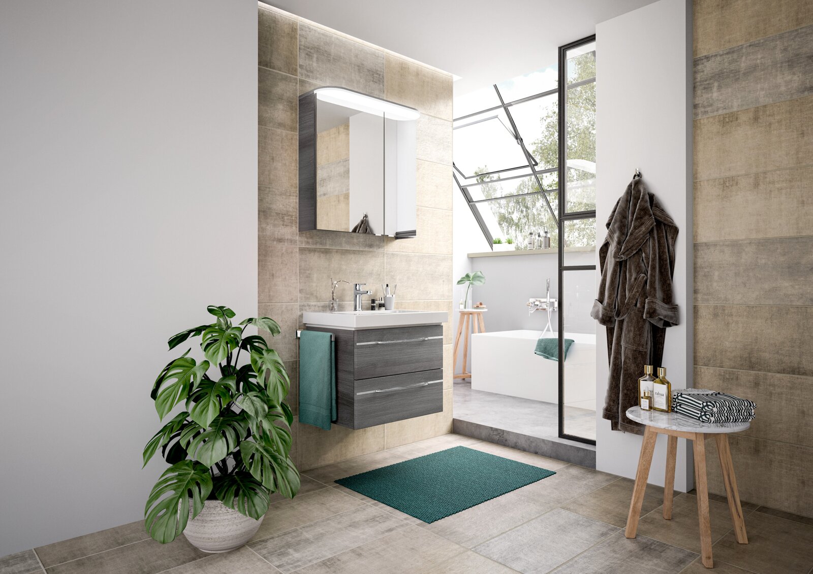 Moderne Badezimmeransicht mit Waschtisch, Spiegel und Badewanne im Hintergrund, aus der Perspektive von links vorne.