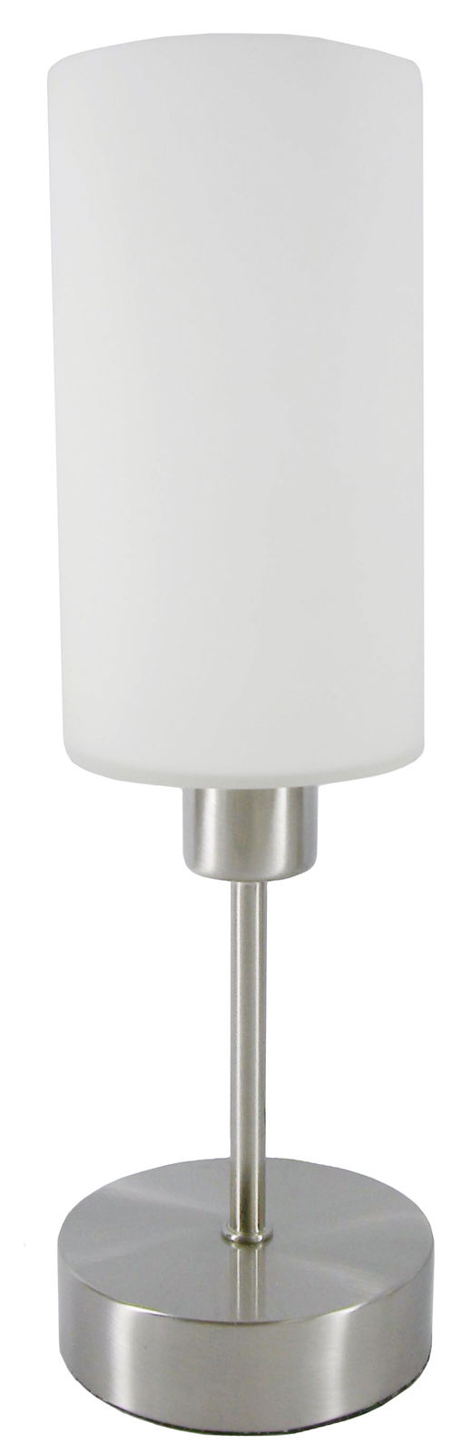Moderne Tischleuchte mit zylindrischem, weißem Lampenschirm und silbernem Sockel, seitliche Perspektive