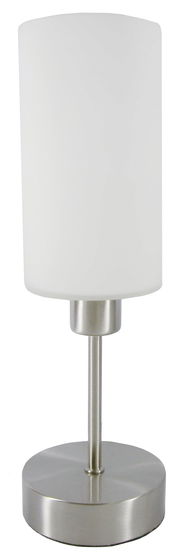 Moderne Tischleuchte mit zylindrischem, weißem Lampenschirm und silbernem Sockel, seitliche Perspektive