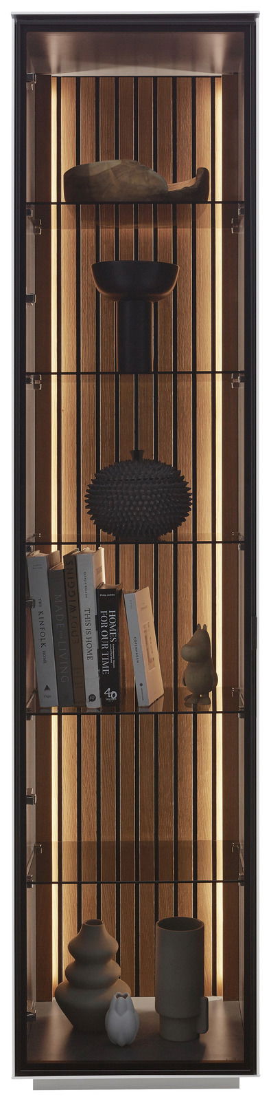 Vitrine mit Holzrückwand und Beleuchtung, gefüllt mit Büchern und dekorativen Objekten, frontal betrachtet.