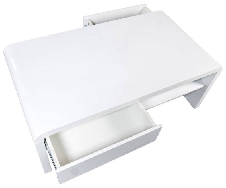 Moderner weißer Couchtisch mit zwei Schubladen, Ansicht von oben