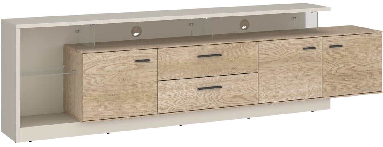 TV-Lowboard aus Holz mit zwei Schubladen und zwei Türen, seitliche Perspektive