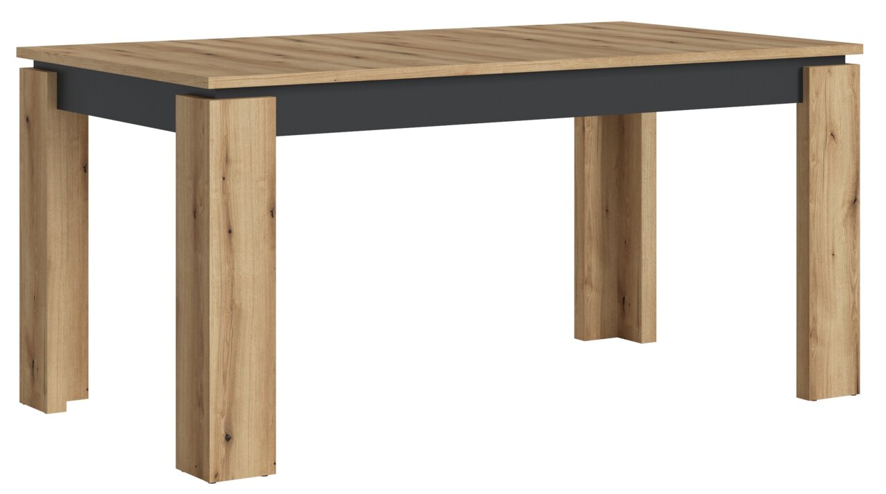 Moderner Esstisch aus Holz mit rechteckiger Tischplatte und stabilen Beinen, seitliche Perspektive