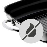 Nahaufnahme einer Grillpfanne mit Keramikbeschichtung, seitliche Perspektive, mit Symbol für fettfreies Braten.