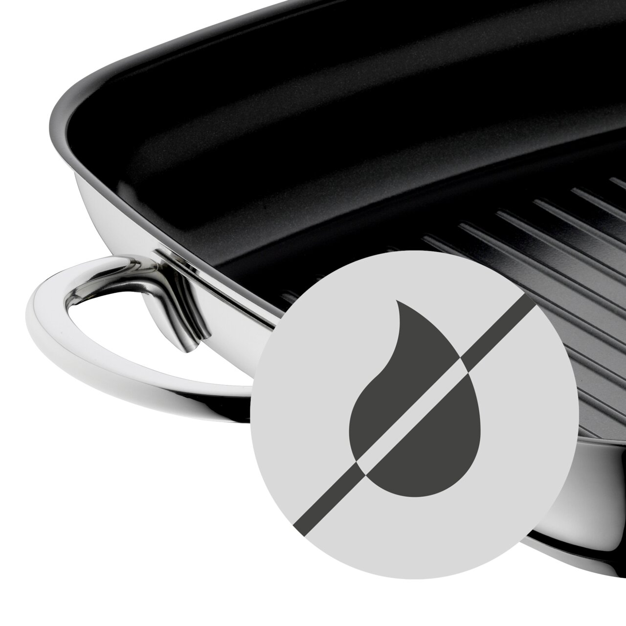 Close-up van een grillpan met keramische coating, zijaanzicht, met symbool voor vetvrij bakken.