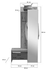 Kompaktgarderobe TORINO in Frontalansicht mit Spiegel, Kleiderhaken und Ablagekorb, Maße: 190 cm hoch, 90 cm breit, 38 cm tief.