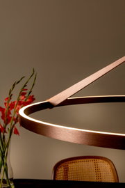 Detailaufnahme einer modernen ringförmigen LED-Pendelleuchte in Holzoptik mit warmweißem Licht, seitliche Perspektive vor neutralem Hintergrund; links unscharfe rote Blumen, unten Stuhllehne sichtbar