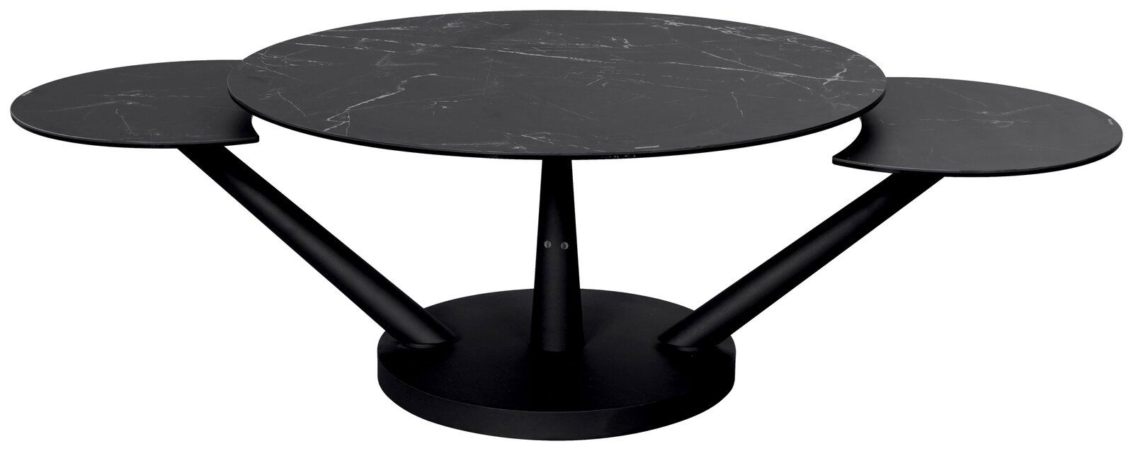Dieter Knoll Couchtisch TAORMINA Moderner Couchtisch mit drei runden, schwarzen Tischplatten in Marmoroptik, die auf schrägen Metallbeinen ruhen. Perspektive von vorne links.