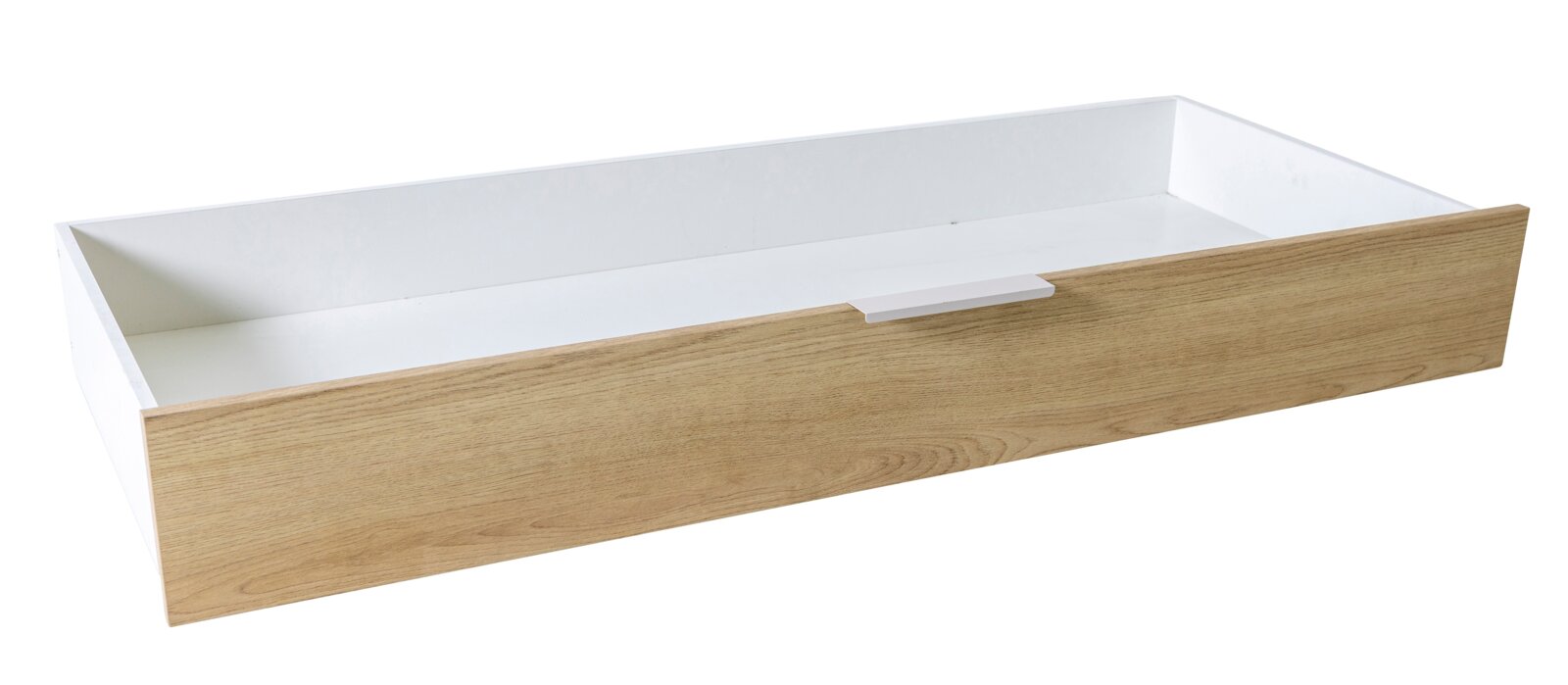 Lange Schublade mit weißem Innenraum und Front in heller Holzoptik, freigestellt auf weißem Hintergrund, Perspektive: leicht schräg von vorne/oben