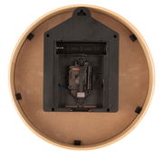 Rückansicht einer Wanduhr mit Batteriefach und Aufhängung.