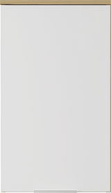 Frontansicht eines weißen Hängeschranks mit schlichtem Design und Holzleiste oben