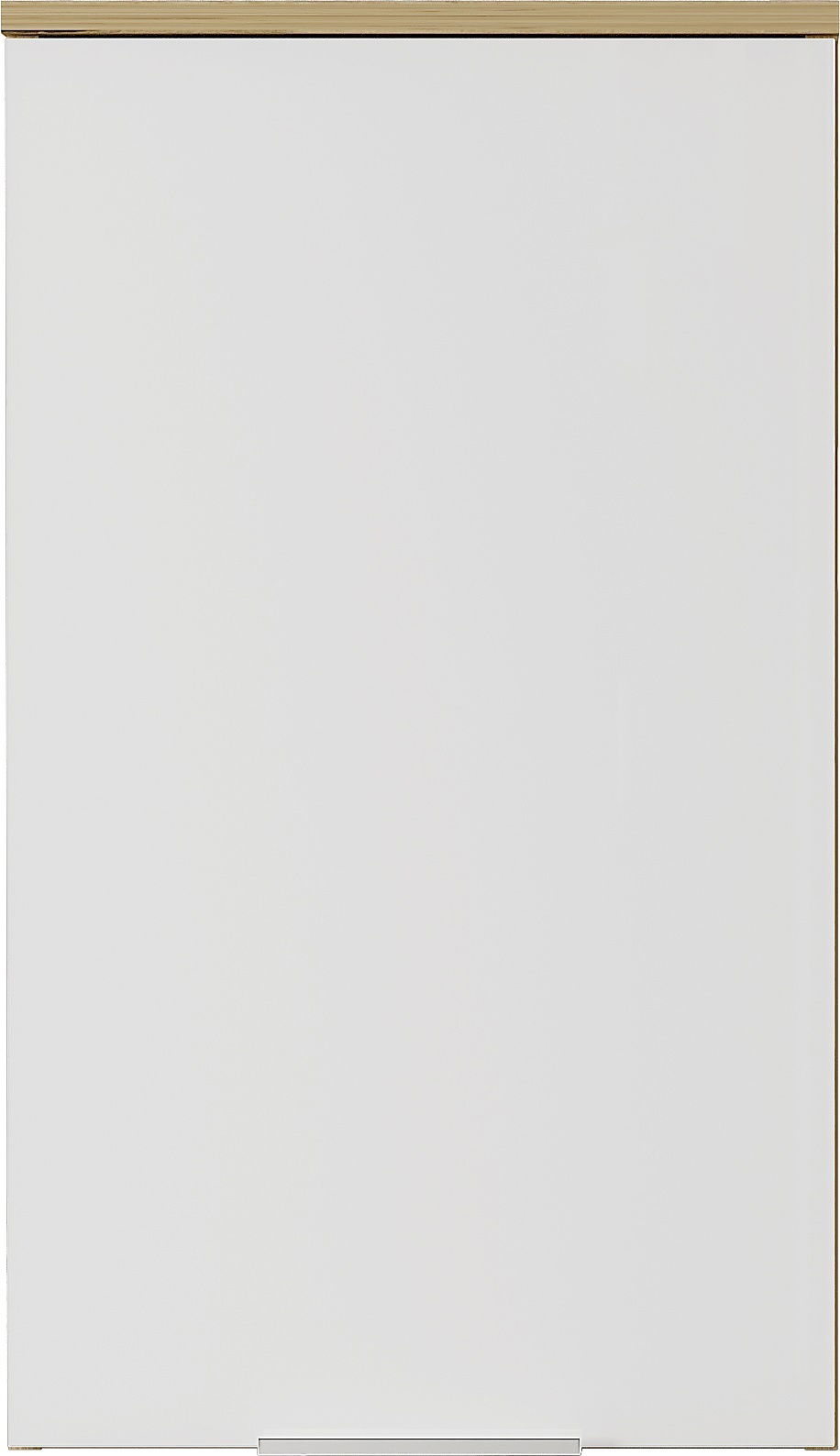 Frontansicht eines weißen Hängeschranks mit schlichtem Design und Holzleiste oben