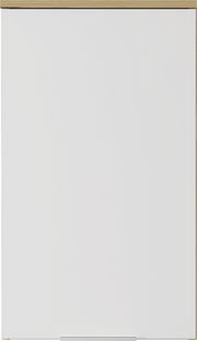 Frontansicht eines weißen Hängeschranks mit schlichtem Design und Holzleiste oben