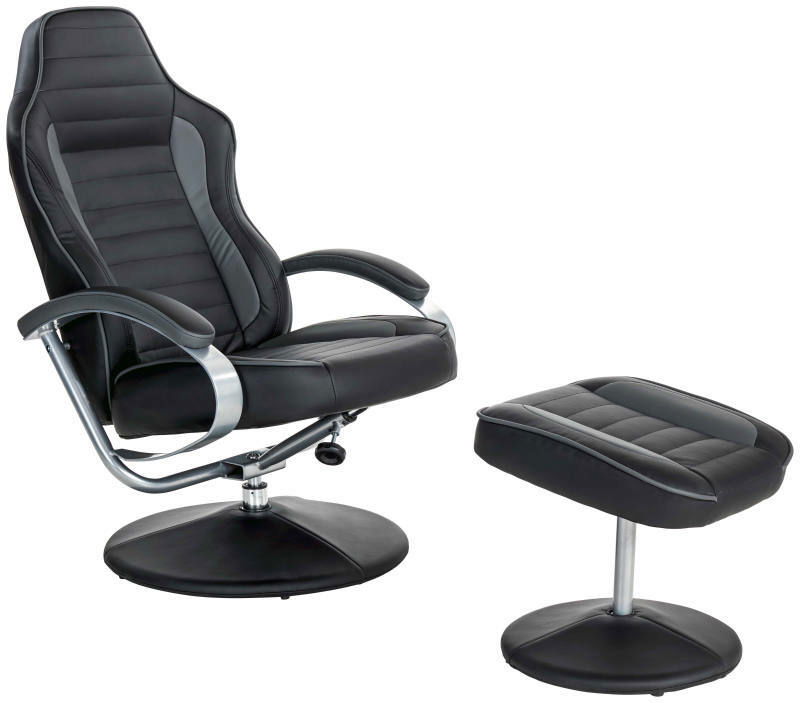 Moderner schwarzer Fernsehsessel mit Hocker, seitliche Perspektive