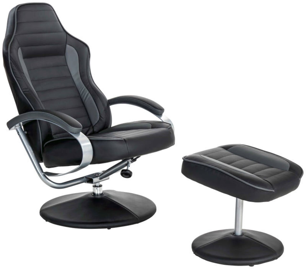 Moderner schwarzer Fernsehsessel mit Hocker, seitliche Perspektive