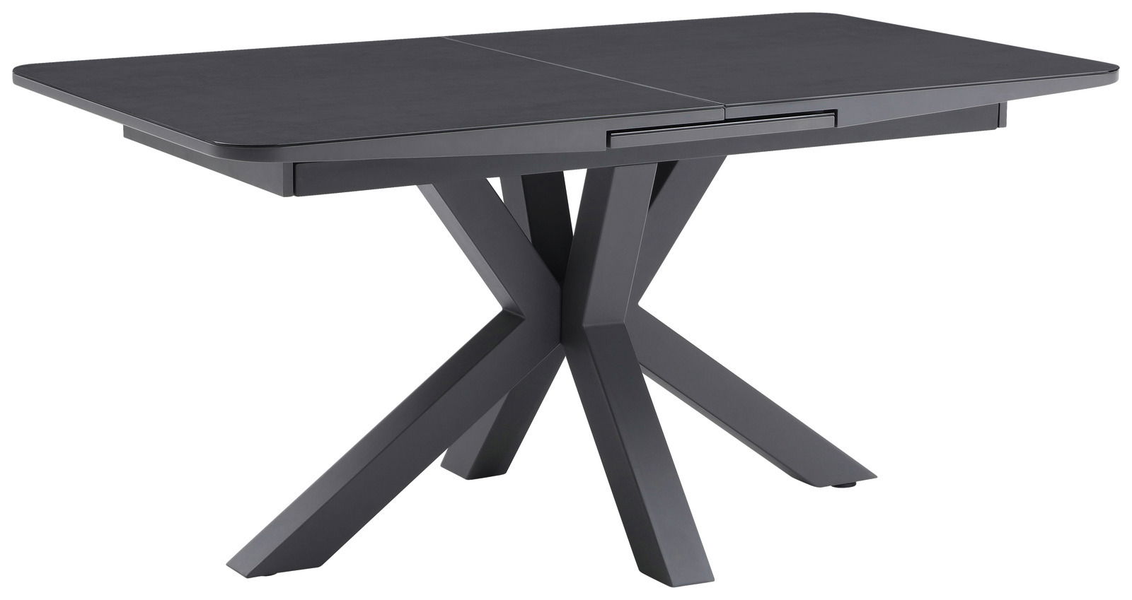 Moderner schwarzer Esstisch mit X-förmigem Gestell, seitliche Perspektive