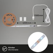 USB RGB-LED Flexband 4m Indoor, abgebildet aus der Vogelperspektive mit 4000mm Länge, kürzbar, inklusive USB-Kabel und zwei Befestigungsklemmen.