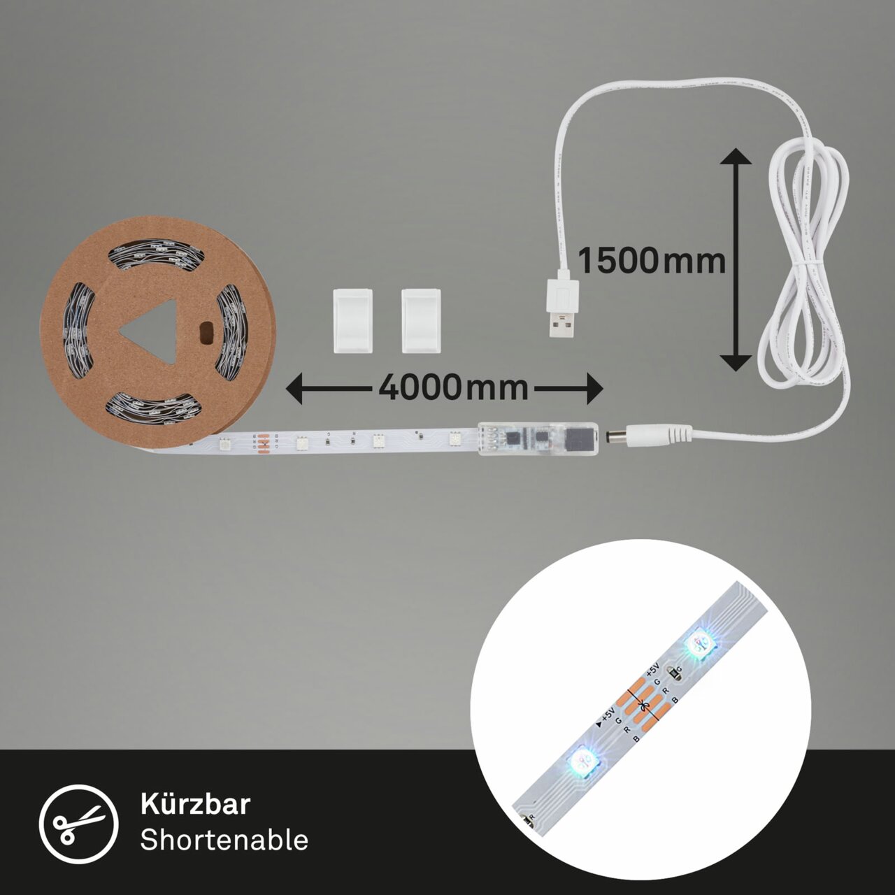 USB RGB-LED Flexband 4m Indoor, abgebildet aus der Vogelperspektive mit 4000mm Länge, kürzbar, inklusive USB-Kabel und zwei Befestigungsklemmen.