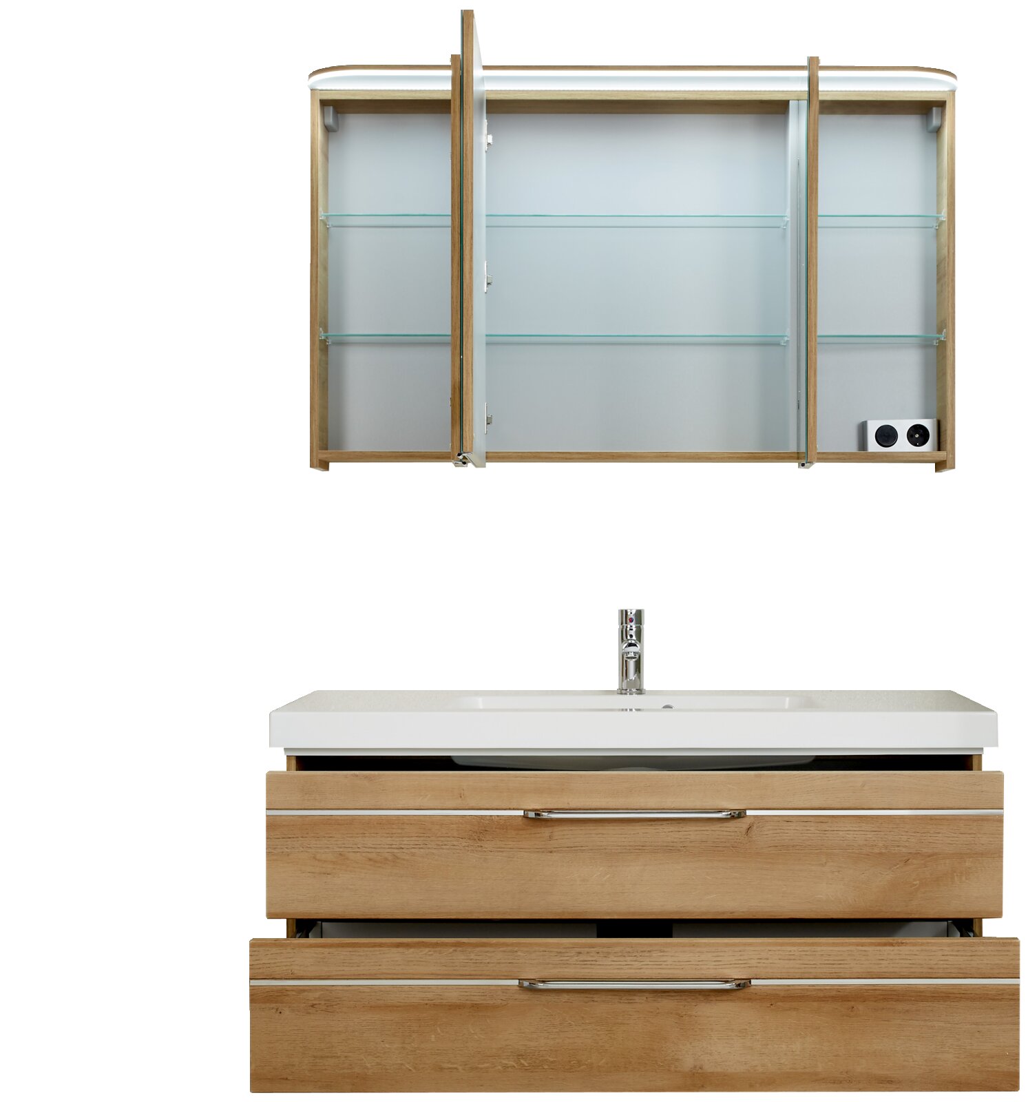 Badezimmermöbel-Set aus Holz mit Waschbeckenunterschrank, Hochschrank und Spiegelschrank, Frontalansicht