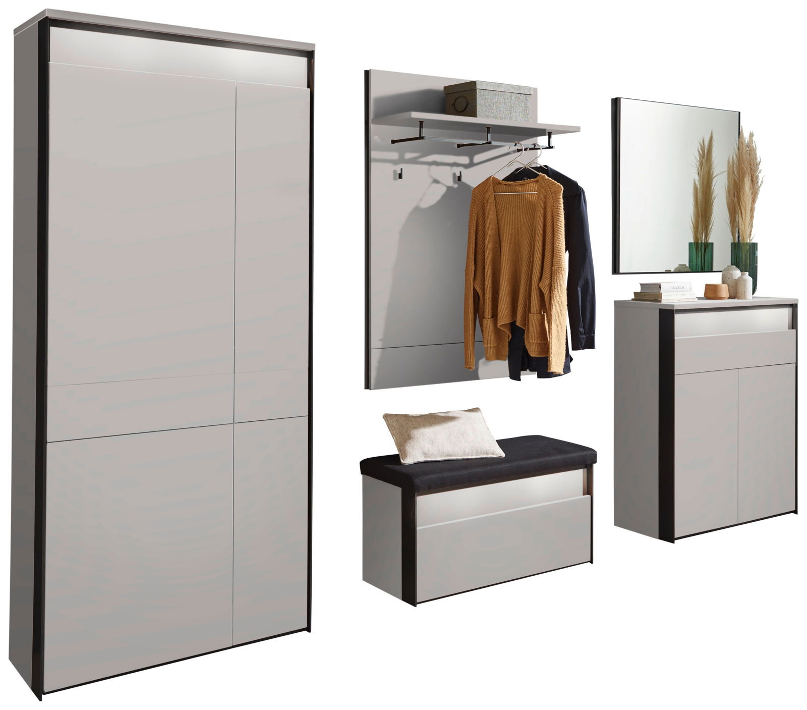 Voleo Garderoben-Set 5tlg. ZAYA Garderoben-Set 2 - 5tlg. in moderner Perspektive, bestehend aus einem großen Schrank, einer Wandgarderobe mit Haken und Ablage, einer Sitzbank mit Kissen und einem Spiegel mit Dekoration.