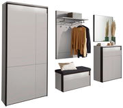 Garderoben-Set 2 - 5tlg. in moderner Perspektive, bestehend aus einem großen Schrank, einer Wandgarderobe mit Haken und Ablage, einer Sitzbank mit Kissen und einem Spiegel mit Dekoration.