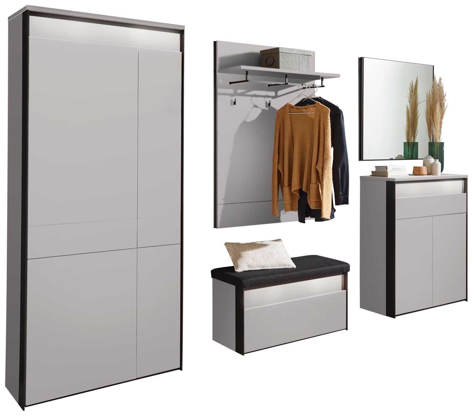 Garderoben-Set 2 - 5tlg. in moderner Perspektive, bestehend aus einem großen Schrank, einer Wandgarderobe mit Haken und Ablage, einer Sitzbank mit Kissen und einem Spiegel mit Dekoration.