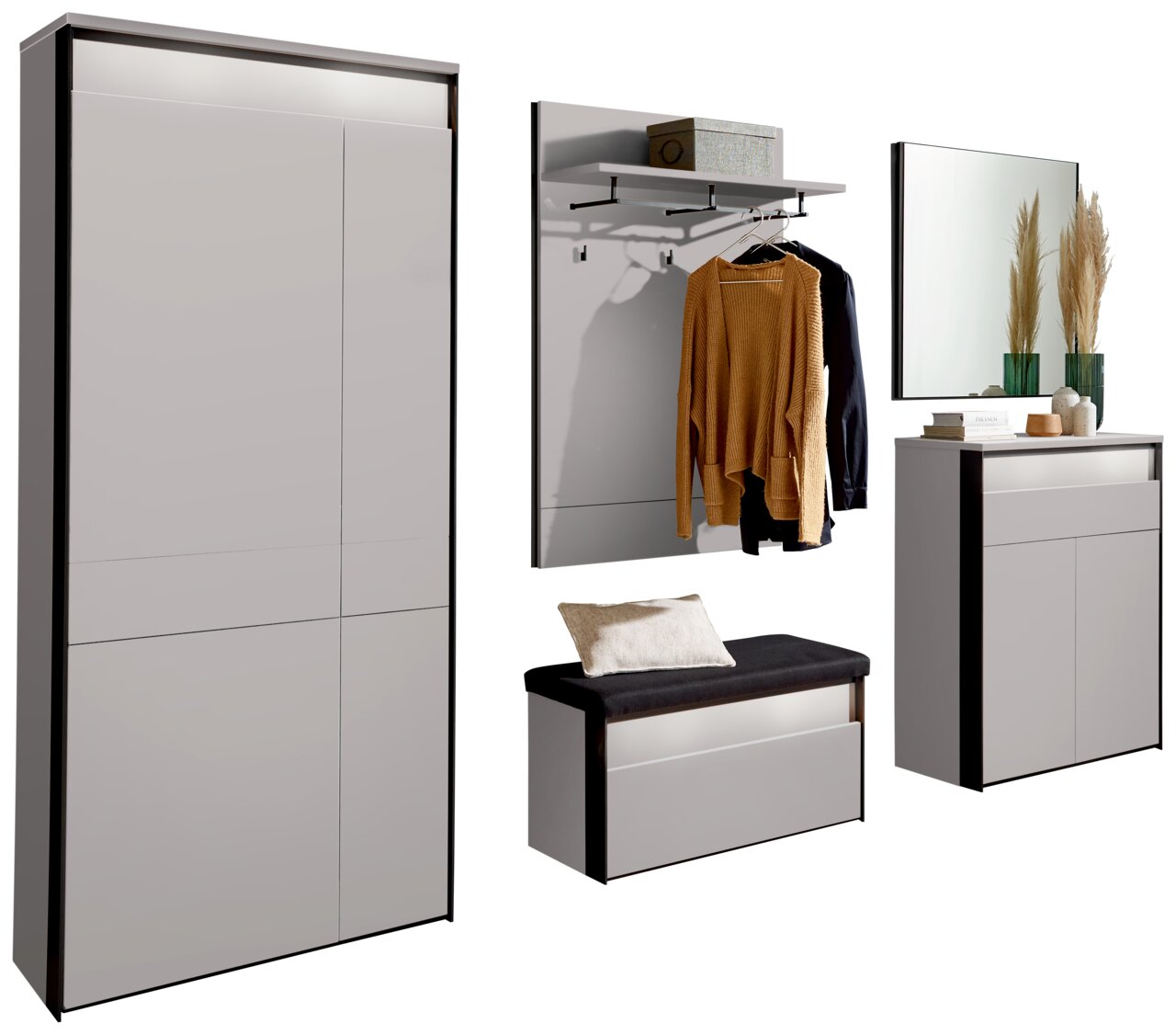 Voleo Garderoben-Set 5tlg. ZAYA Garderoben-Set 2 - 5tlg. in moderner Perspektive, bestehend aus einem großen Schrank, einer Wandgarderobe mit Haken und Ablage, einer Sitzbank mit Kissen und einem Spiegel mit Dekoration.