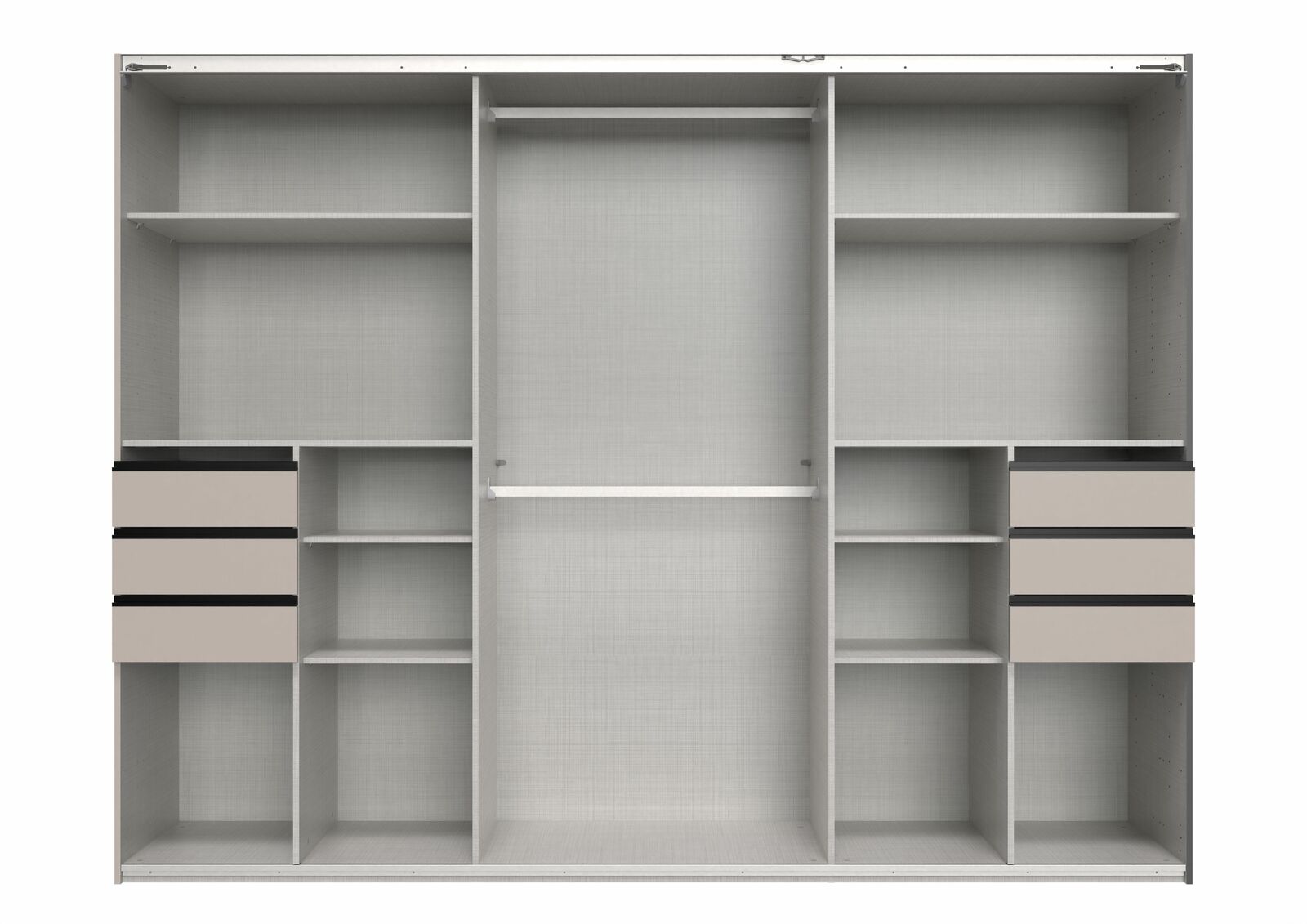 Innenansicht eines dreitürigen Schwebetürenschranks mit mehreren Regalfächern, Schubladen und Kleiderstangen, frontal betrachtet.