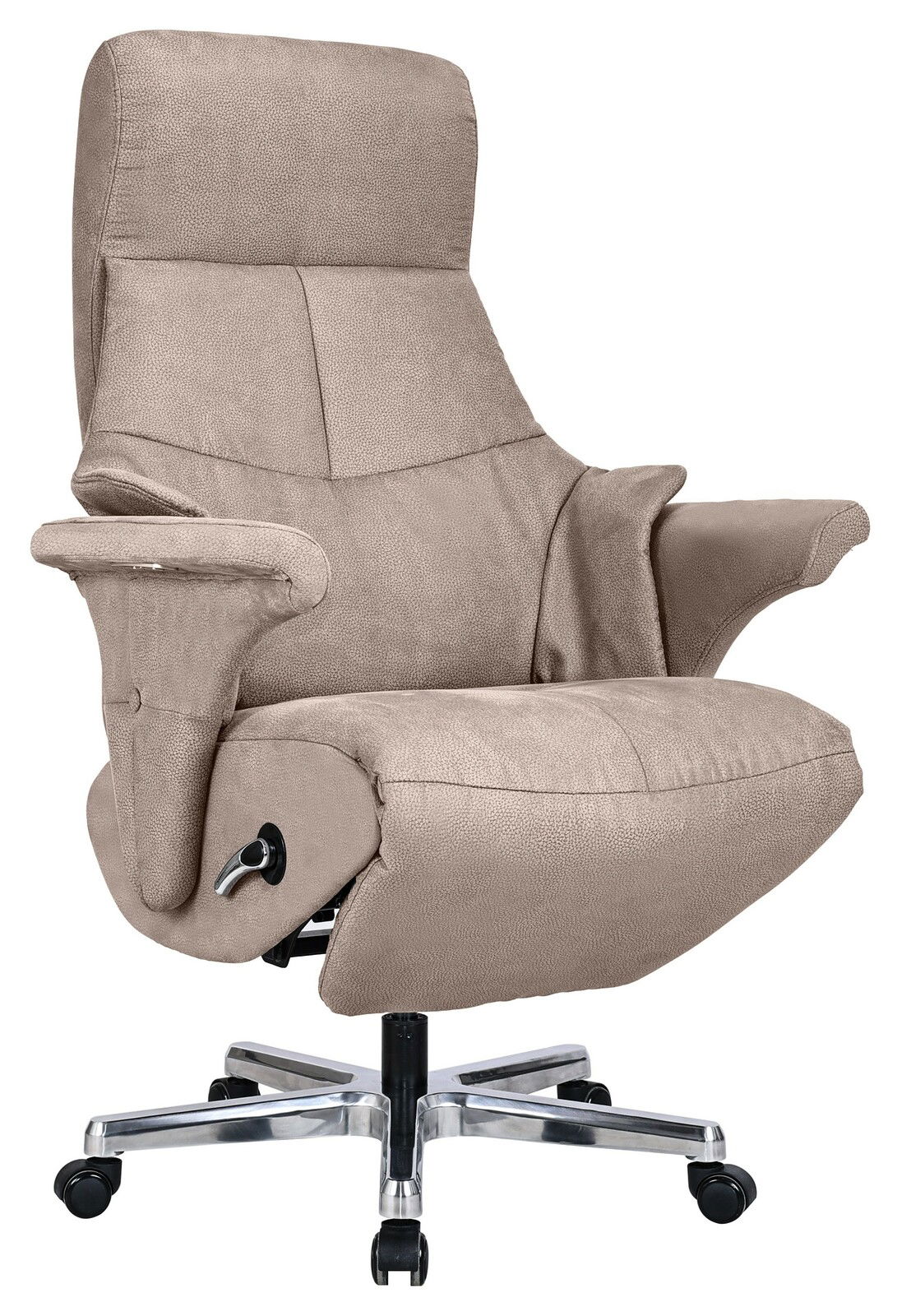 Beiger Chefsessel Reccliner mit hoher Rückenlehne und Armlehnen, seitliche Perspektive