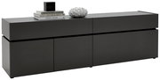 Modernes TV-Lowboard in dunklem Design, seitliche Perspektive, dekoriert mit Büchern und einer Skulptur.
