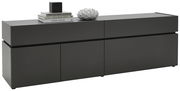 Modernes TV-Lowboard in dunklem Design, seitliche Perspektive, dekoriert mit Büchern und einer Skulptur.