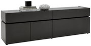 Modernes TV-Lowboard in dunklem Design, seitliche Perspektive, dekoriert mit Büchern und einer Skulptur.