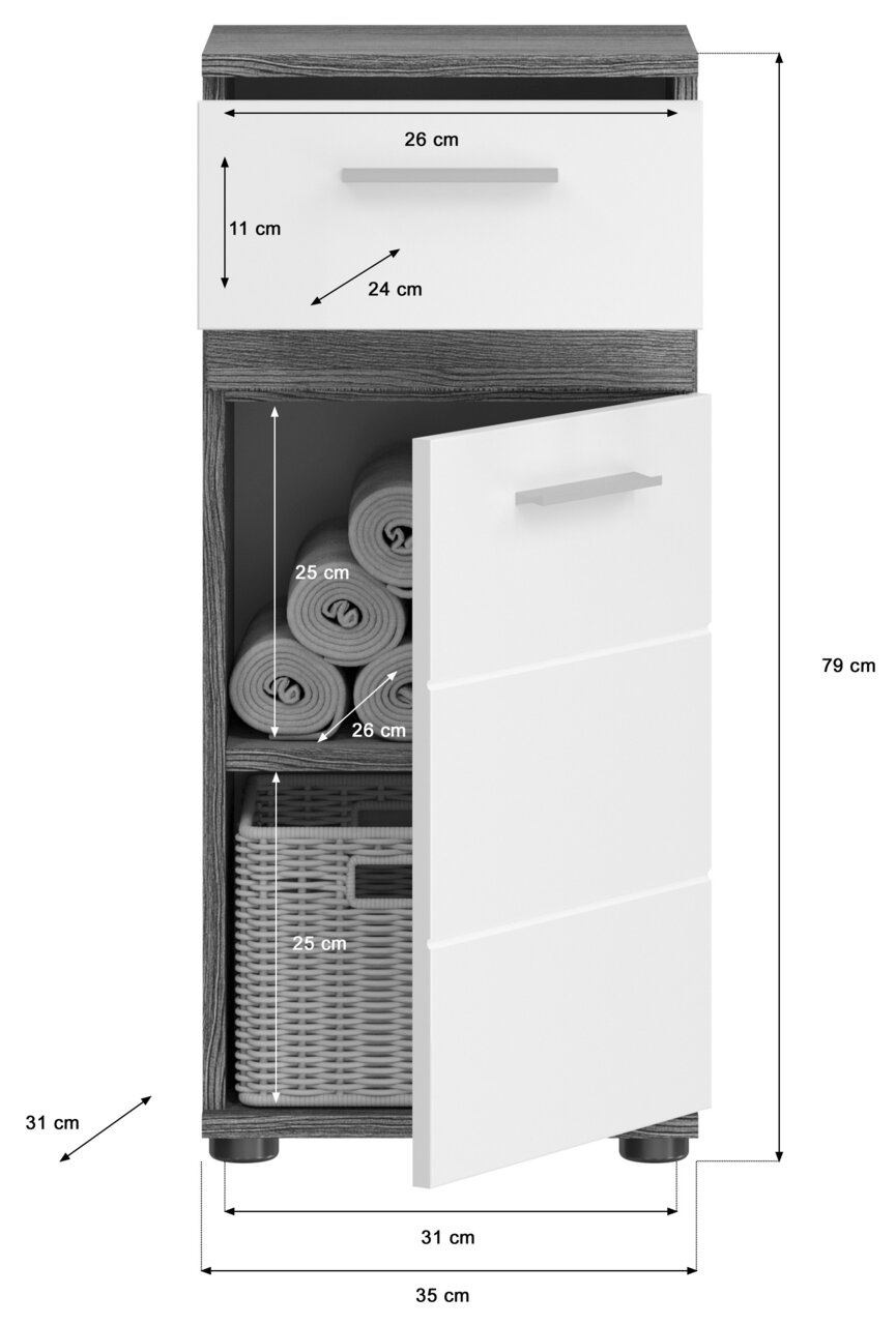 Badezimmerschrank mit einer Schublade und einem offenen Fach mit Handtüchern und Korb, Frontalansicht