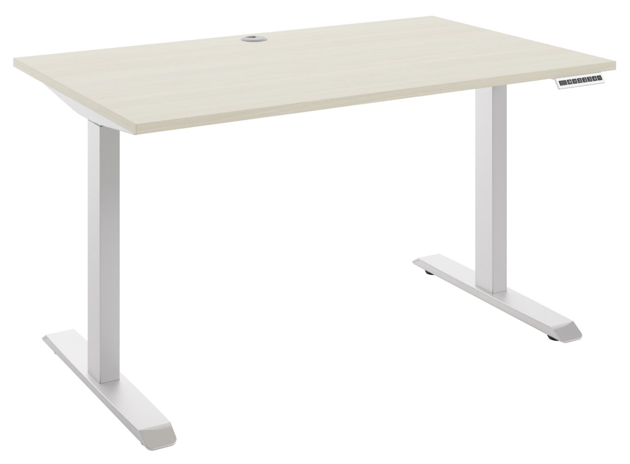 Elektrisch höhenverstellbarer Schreibtisch in heller Holzoptik, seitliche Perspektive