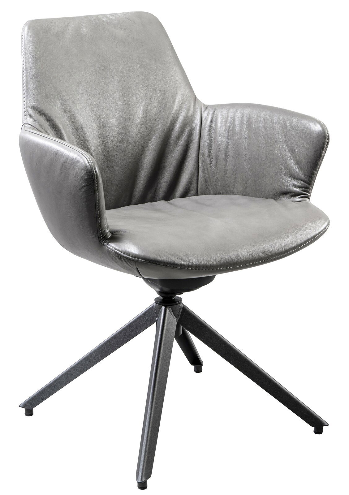 Grauer Armlehnstuhl aus Leder mit modernem Design, seitliche Perspektive