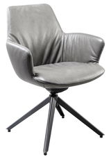 Grauer Armlehnstuhl aus Leder mit modernem Design, seitliche Perspektive