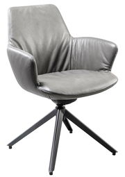 Grauer Armlehnstuhl aus Leder mit modernem Design, seitliche Perspektive