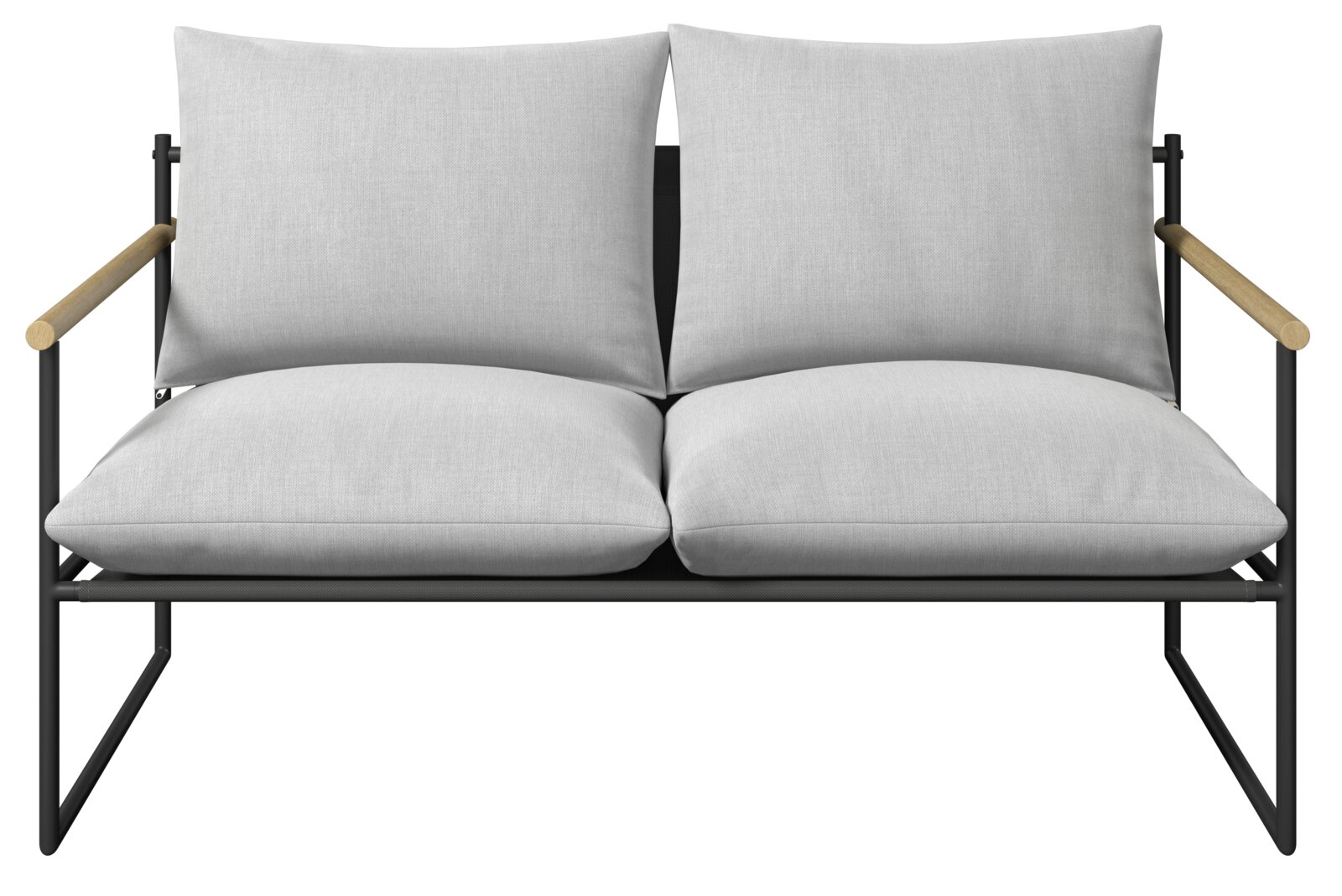 Gartenlounge-Set mit grauen Kissen und schwarzen Metallrahmen, Frontalansicht