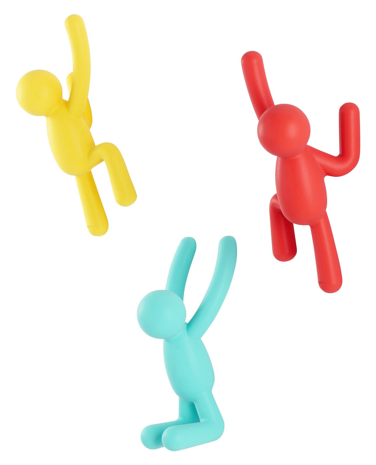 Drei bunte Wandhaken in Form von kletternden Figuren in Gelb, Rot und Türkis, aus der Perspektive von vorne.