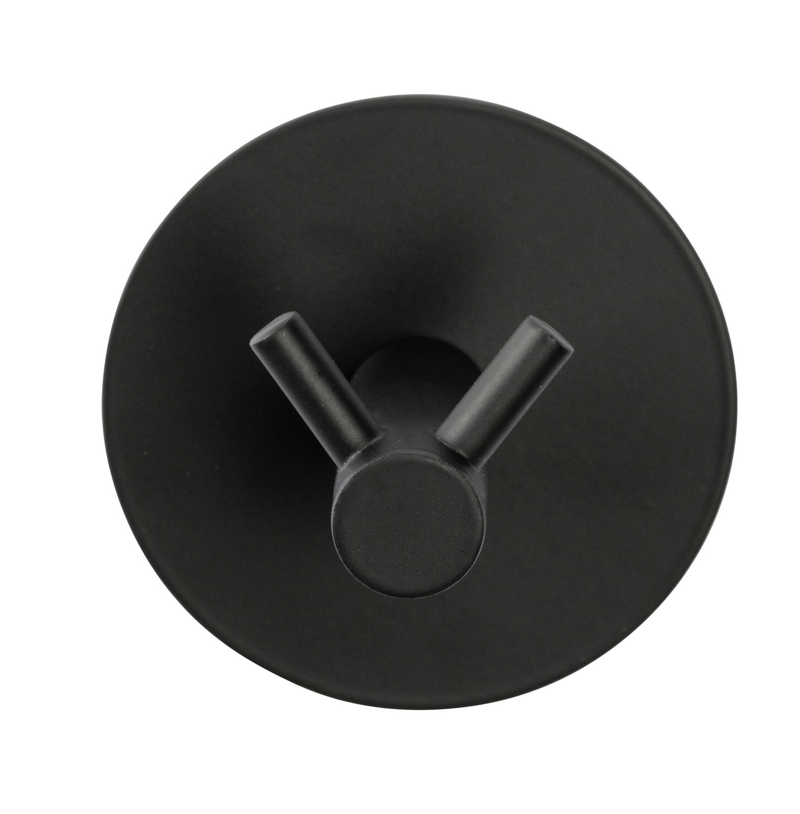 Schwarzer Wandhaken Duo Meleto aus der Vogelperspektive, mit zwei Hakenarmen auf runder Basis.