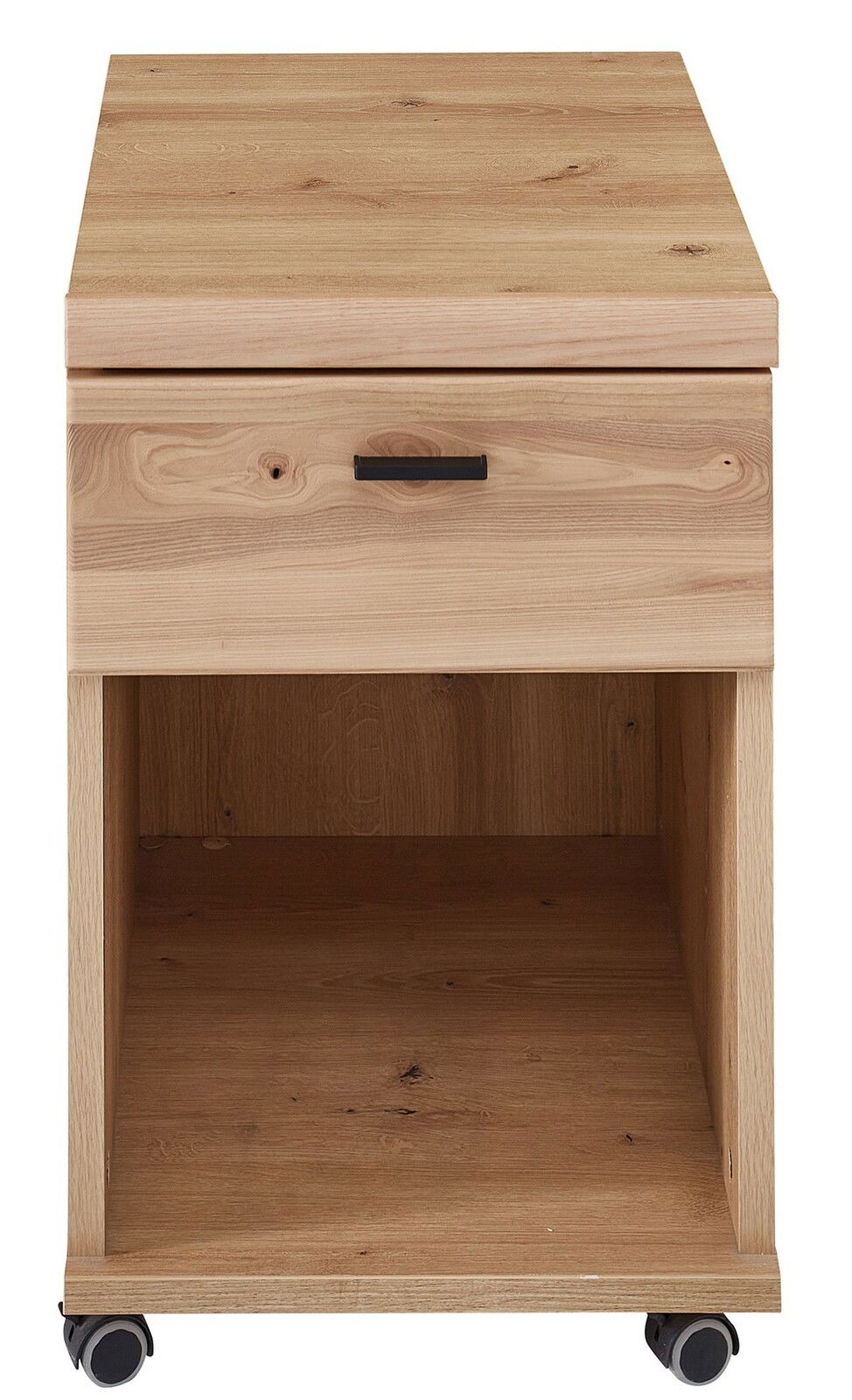 Rollcontainer aus Holz mit einer Schublade und einem offenen Fach, auf Rollen, Frontalansicht