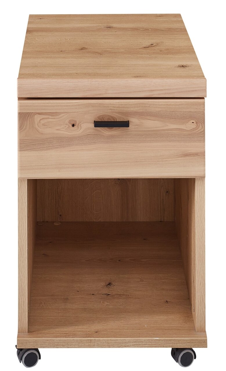 Rollcontainer aus Holz mit einer Schublade und einem offenen Fach, auf Rollen, Frontalansicht