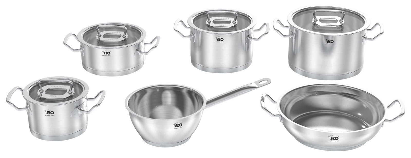 Sechsteiliges Topfset Gourmet Plus aus Edelstahl, bestehend aus verschiedenen Töpfen und Pfannen mit Deckeln, in einer seitlichen Perspektive.